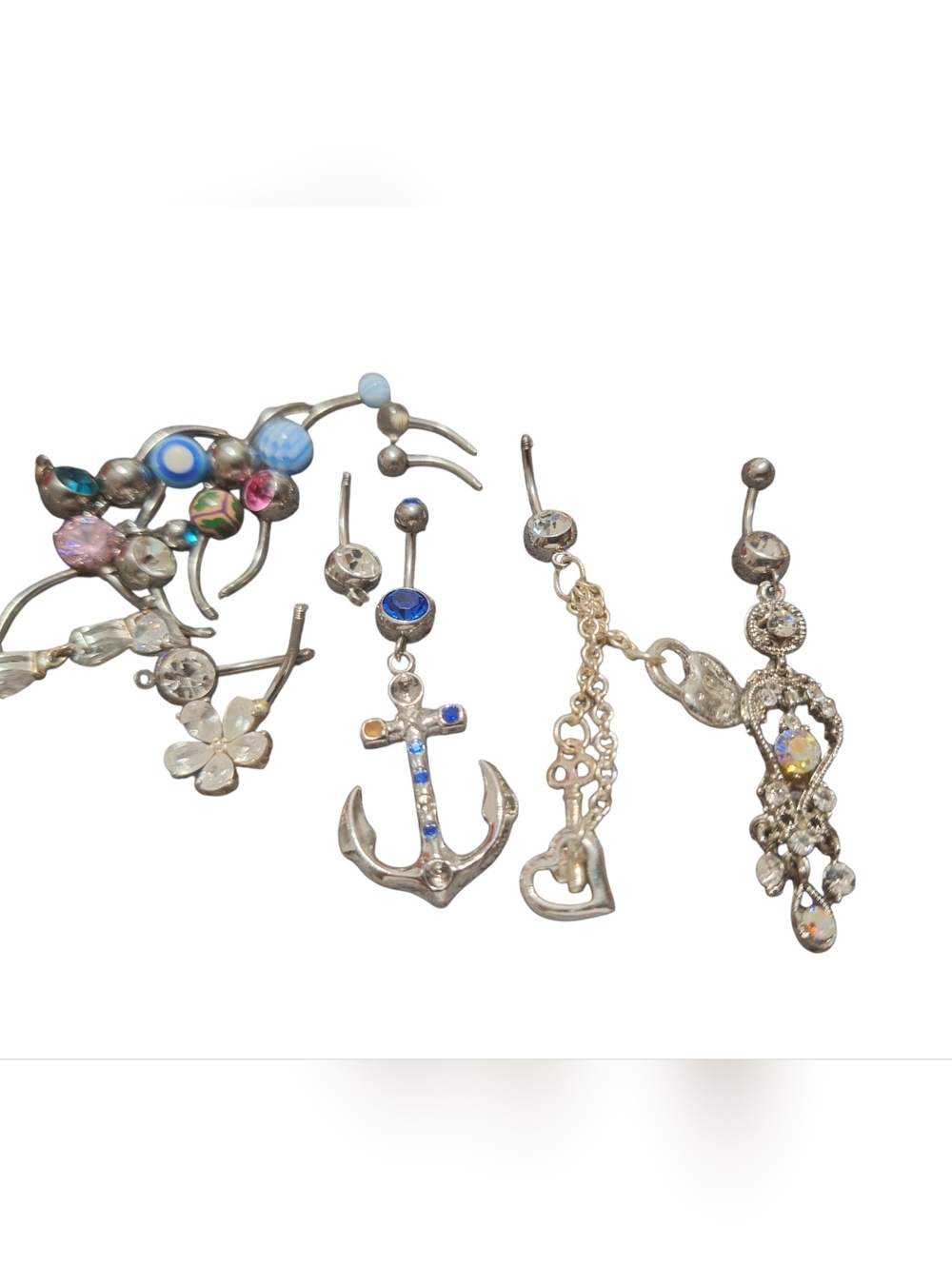 Silver-Tone Multi-Style Belly Rings Set Blue Anchor & Crystal Charms Mixed LOT